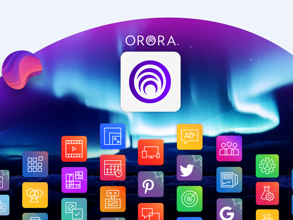 graphic on dark background with multiple icons with the orora os icon on top